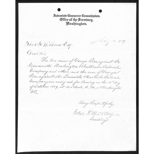 Interstate Commerce 1889 ALS Letterhead re: George Rice vs LN Railroad Case