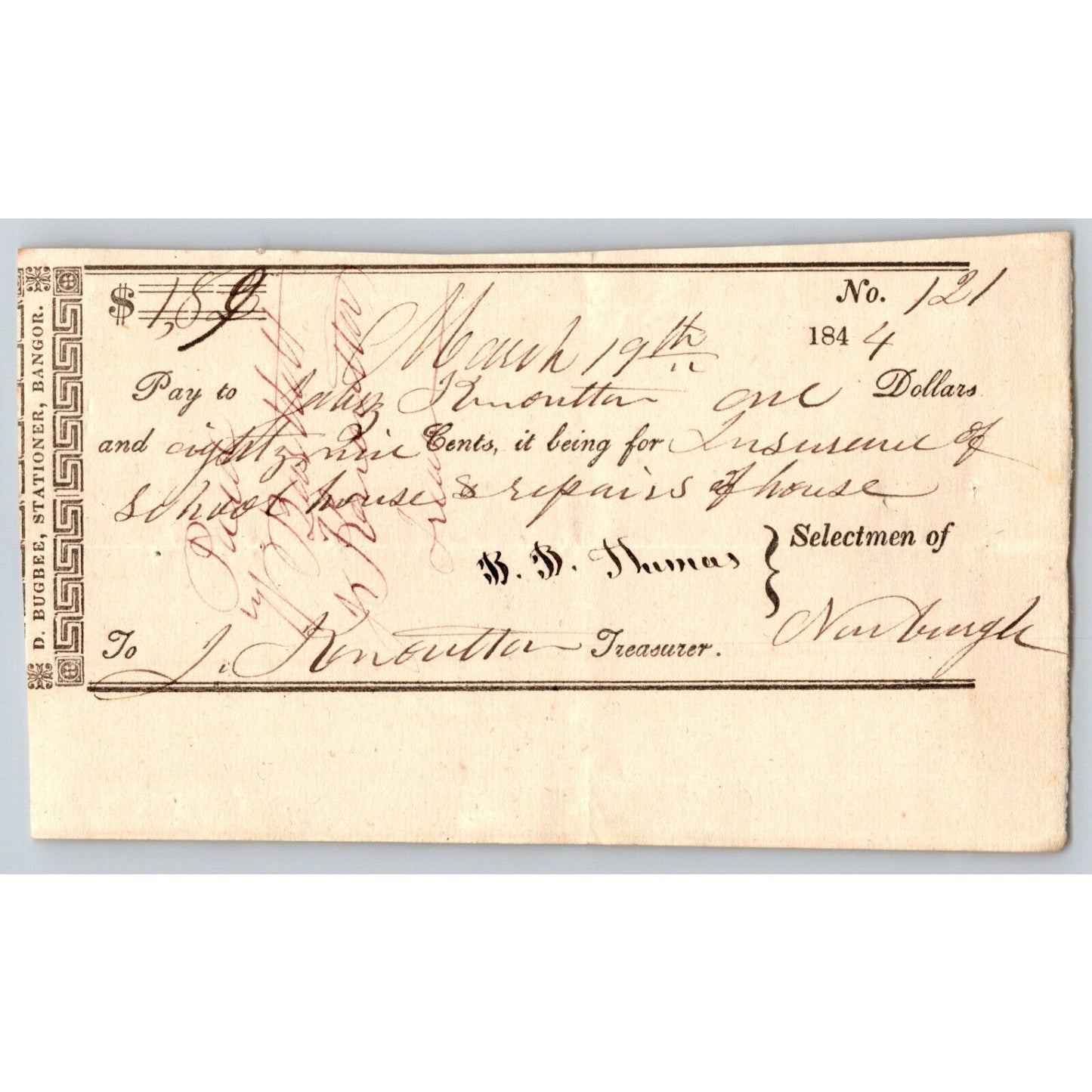 1844 Jabez Knowlton* Newburgh ME Town Check to Jabez Knowlton for School Ins.