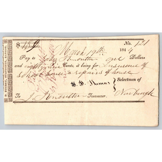 1844 Jabez Knowlton* Newburgh ME Town Check to Jabez Knowlton for School Ins.