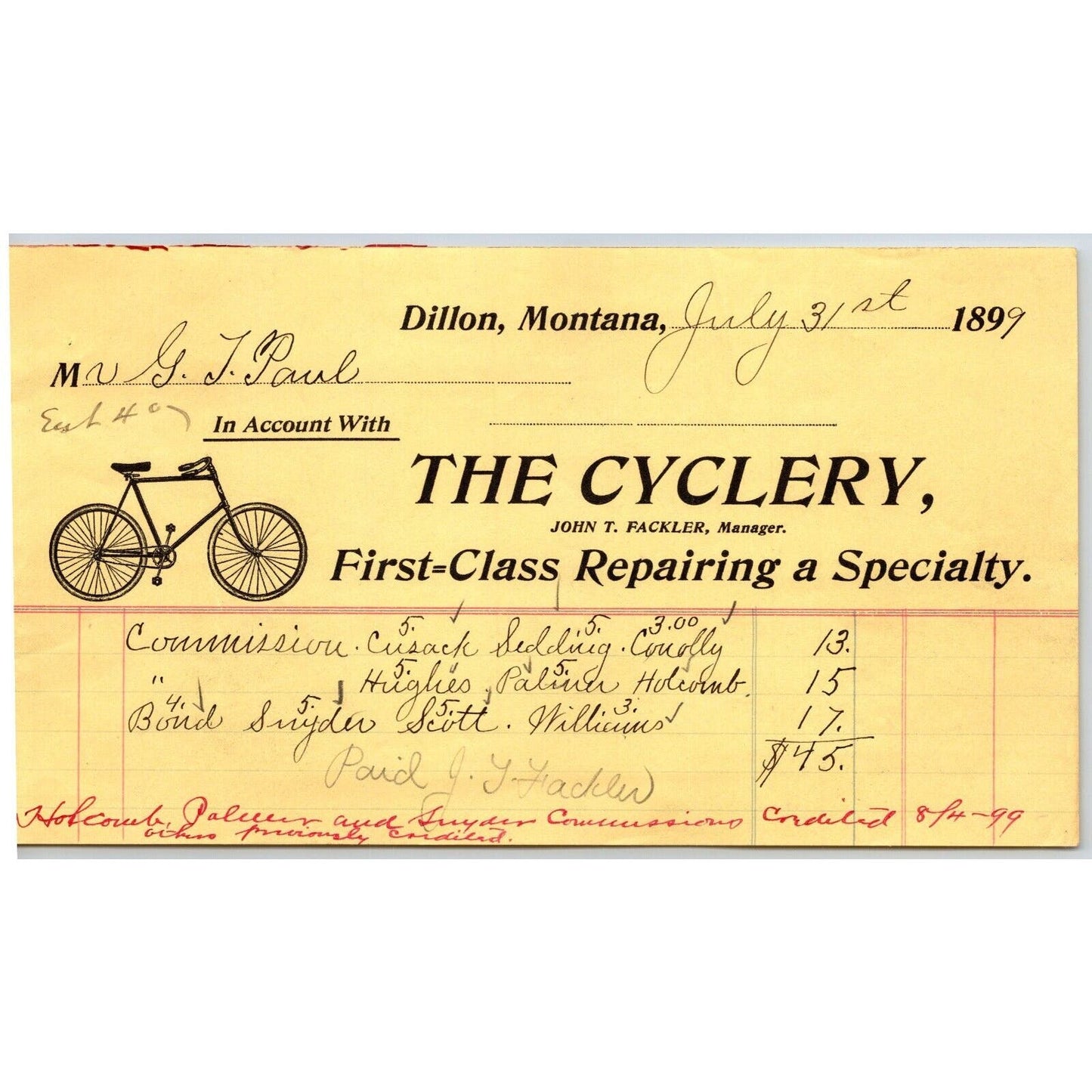 Dillon MT "The Cyclery" John T. Fackler Bicycle Repairs 1899 Billhead G.T. Paul*