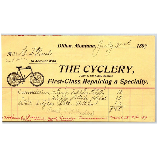 Dillon MT "The Cyclery" John T. Fackler Bicycle Repairs 1899 Billhead G.T. Paul*