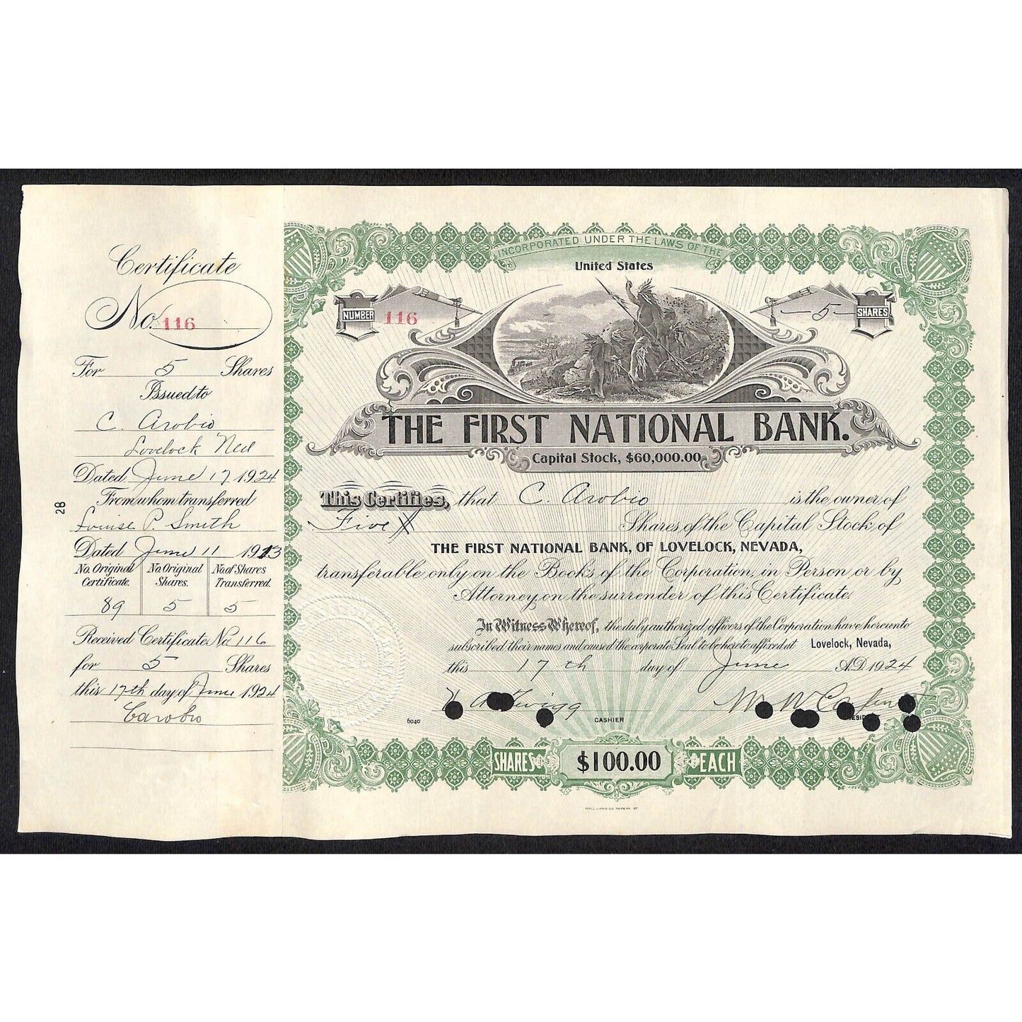 First National Bank of Lovelock, NV 1924 Stock Certificate to C. Arobio #116
