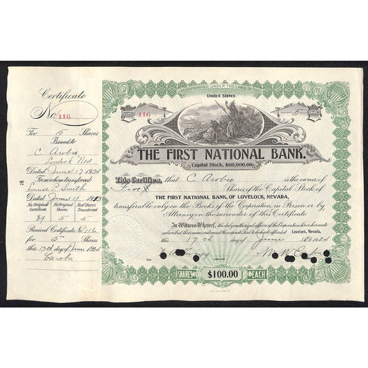 First National Bank of Lovelock, NV 1924 Stock Certificate to C. Arobio #116