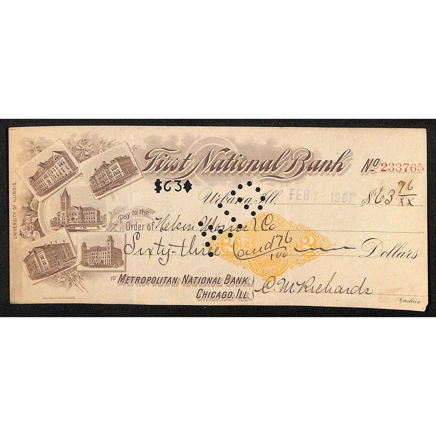 FNB Urbana, IL $63 1901 Bank Check Revenue Stamp w/ University Bldg. Vignettes