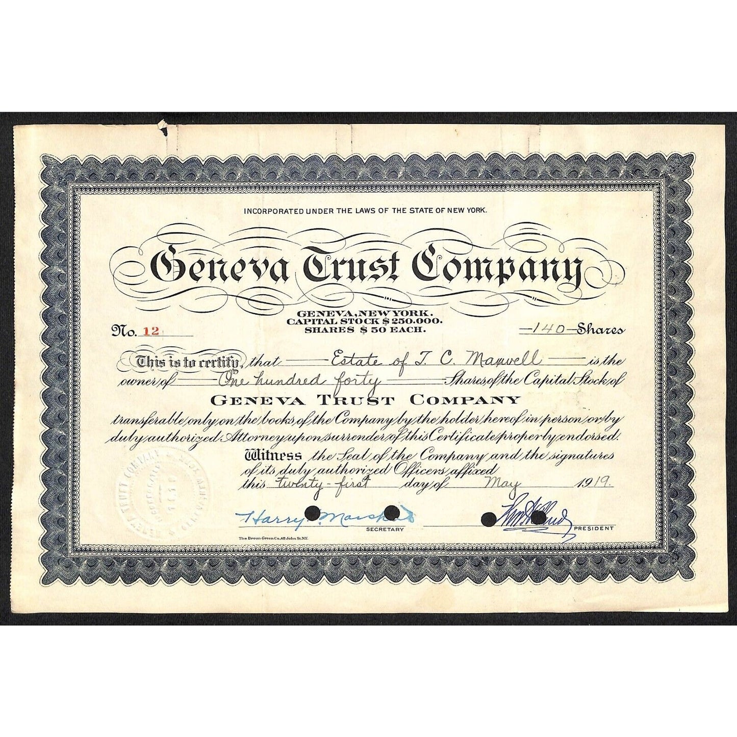 Geneva Trust Company NY 1919 Stock Certificate to T.C. Maxwell #12 Tax Stamps
