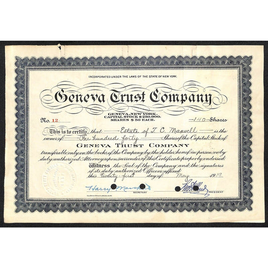 Geneva Trust Company NY 1919 Stock Certificate to T.C. Maxwell #12 Tax Stamps