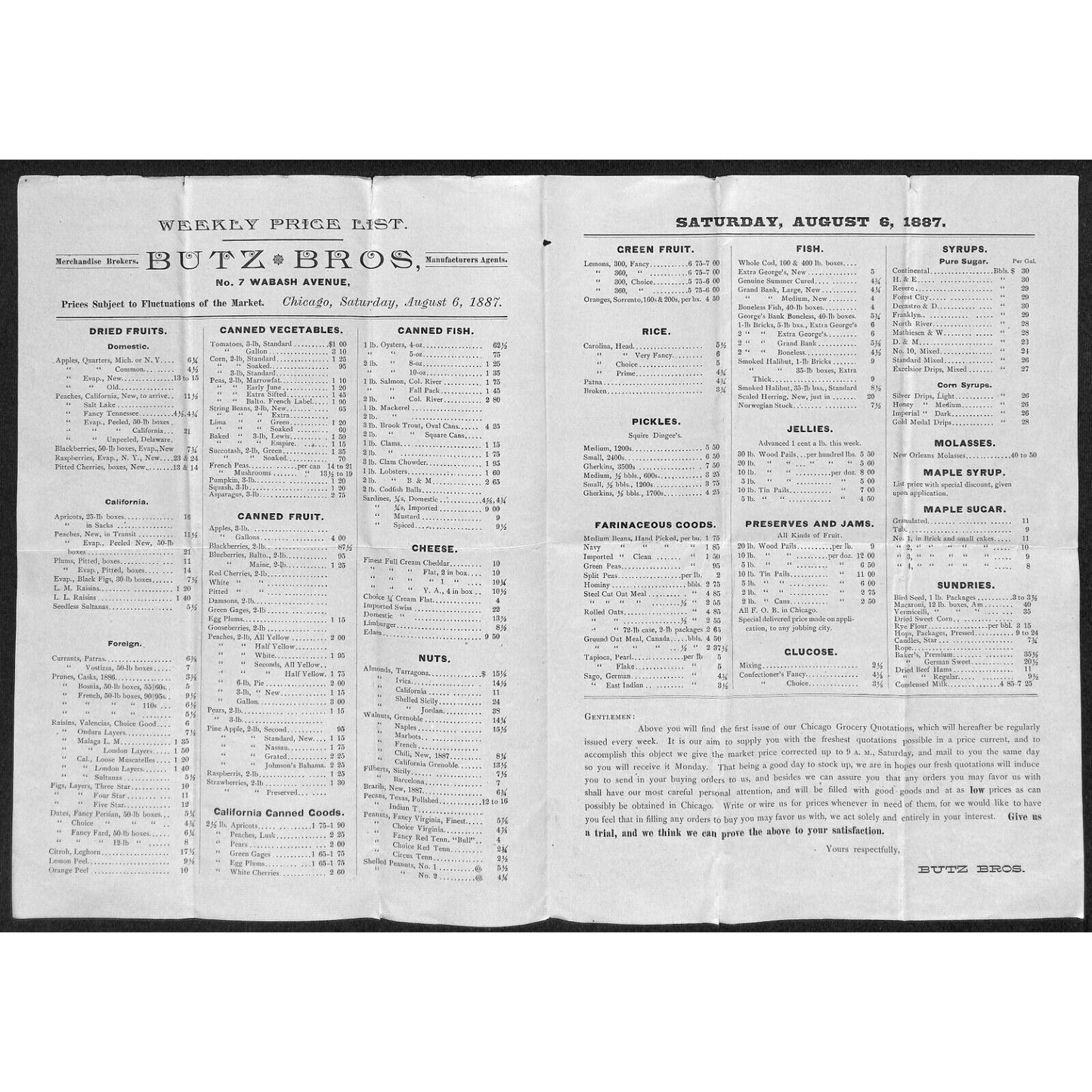 Butz Bros. Chicago Whlse. Fruits Nuts Cheeses 1887 Weekly Price Sheet Scarce