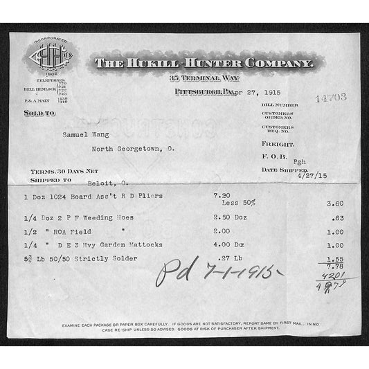 Hukill-Hunter Co. Pittsburgh 1915 Billhead Samuel Wang* N. Georgetown, OH