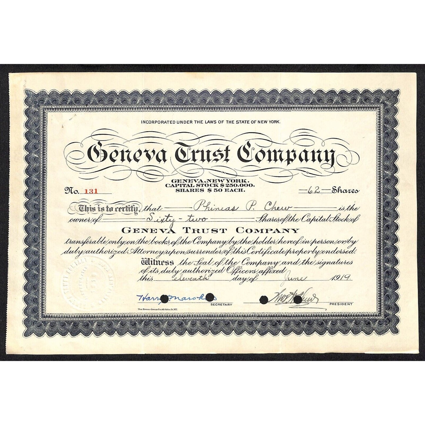 Geneva Trust Company NY 1919 Stock Certificate to Phineas P. Chew #131