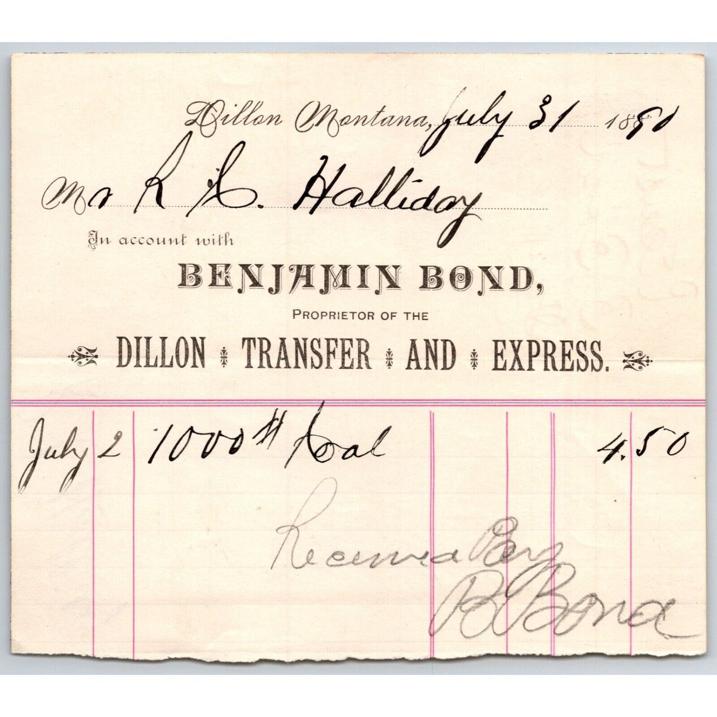 Dillon MT Benjamin Bond Dillon Transfer & Express 1891 Billhead R.C. Halliday*