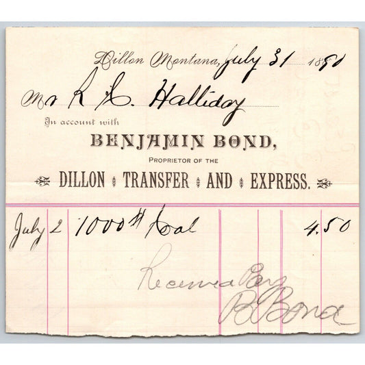 Dillon MT Benjamin Bond Dillon Transfer & Express 1891 Billhead R.C. Halliday*