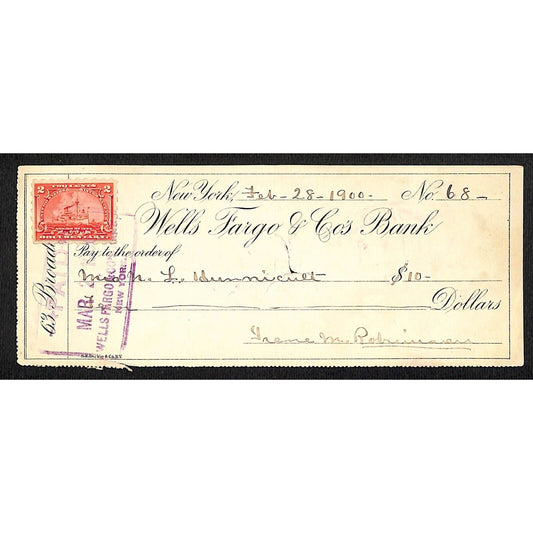 1900 Wells Fargo & Co Bank 63 Broadway NYC Check #68 w/ Rev Stamp L. Hunnicutt