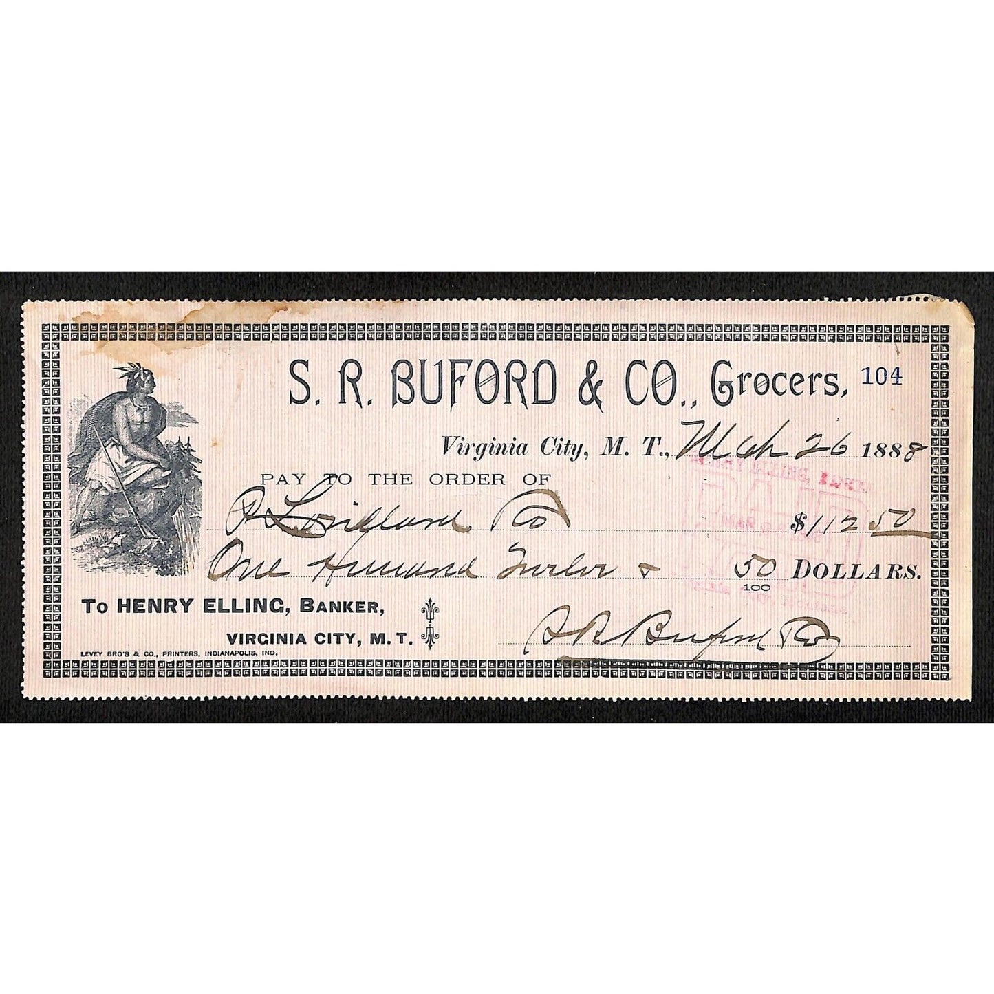 1888 Henry Elling Virginia City Montana Territory S.R. Buford Grocers Check #104