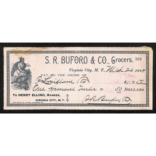 1888 Henry Elling Virginia City Montana Territory S.R. Buford Grocers Check #104