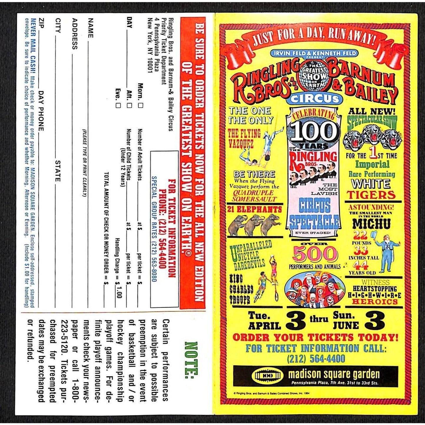 Ringling Bros. / Madison Square Garden 1984 Circular w/ Seating Chart VGC
