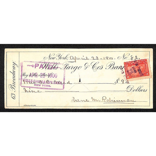 1900 Wells Fargo & Co Bank 63 Broadway NYC Check #83 w/ Rev Stamp S.C. Weed