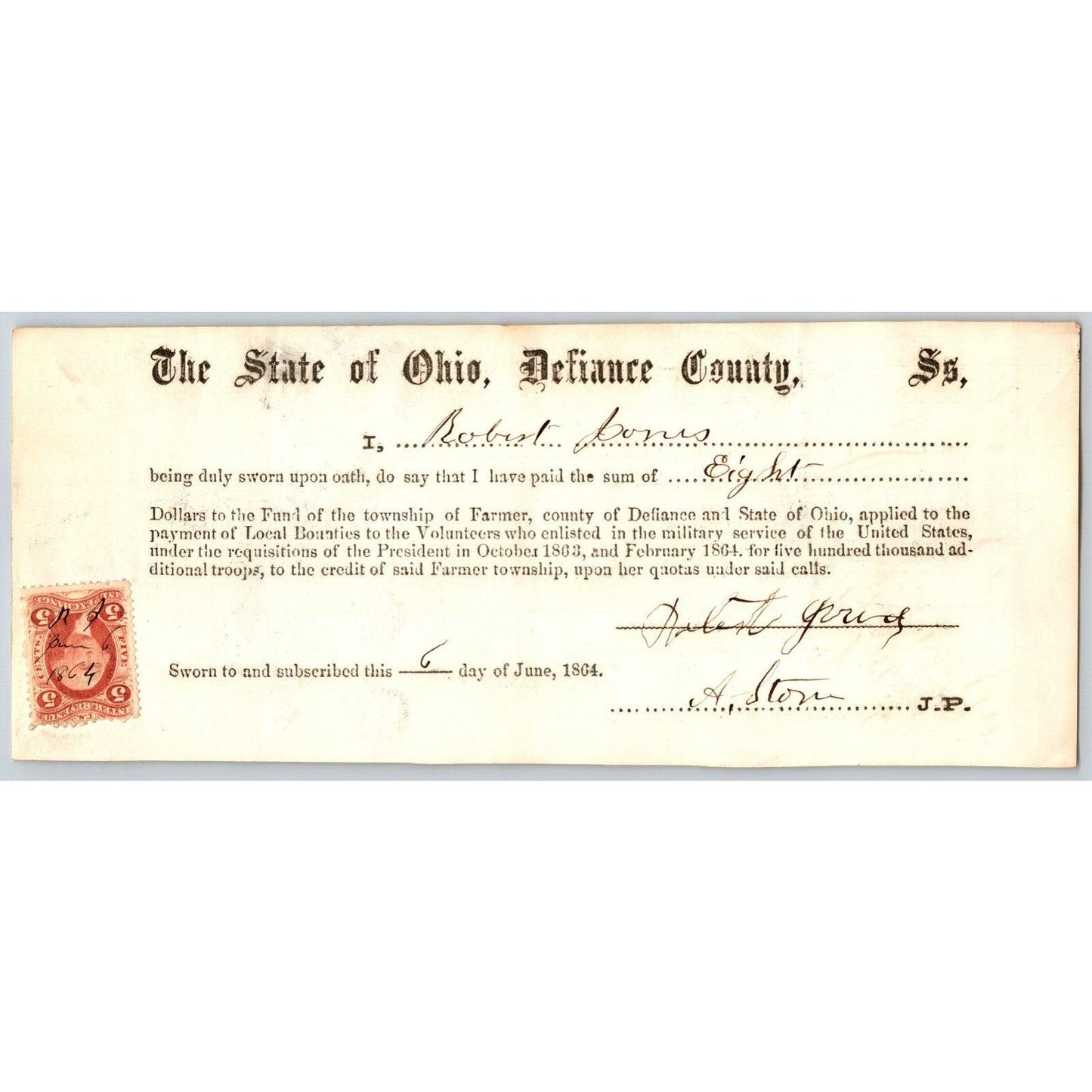 Civil War Farmer Township, OH Defiance 1864 Bounty Receipt - Robert ????