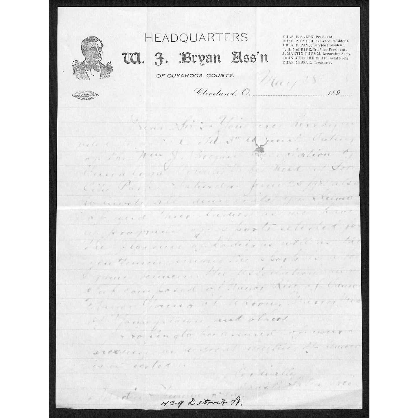 W.J. Bryan Ass'n (Secretary of State & Presidential Nominee) c1896 Letterhead