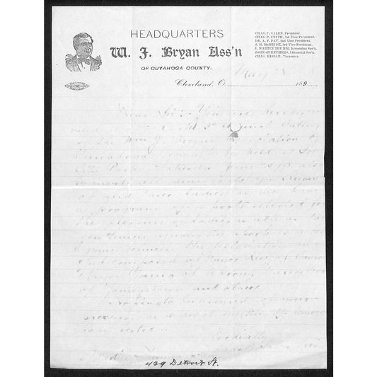 W.J. Bryan Ass'n (Secretary of State & Presidential Nominee) c1896 Letterhead