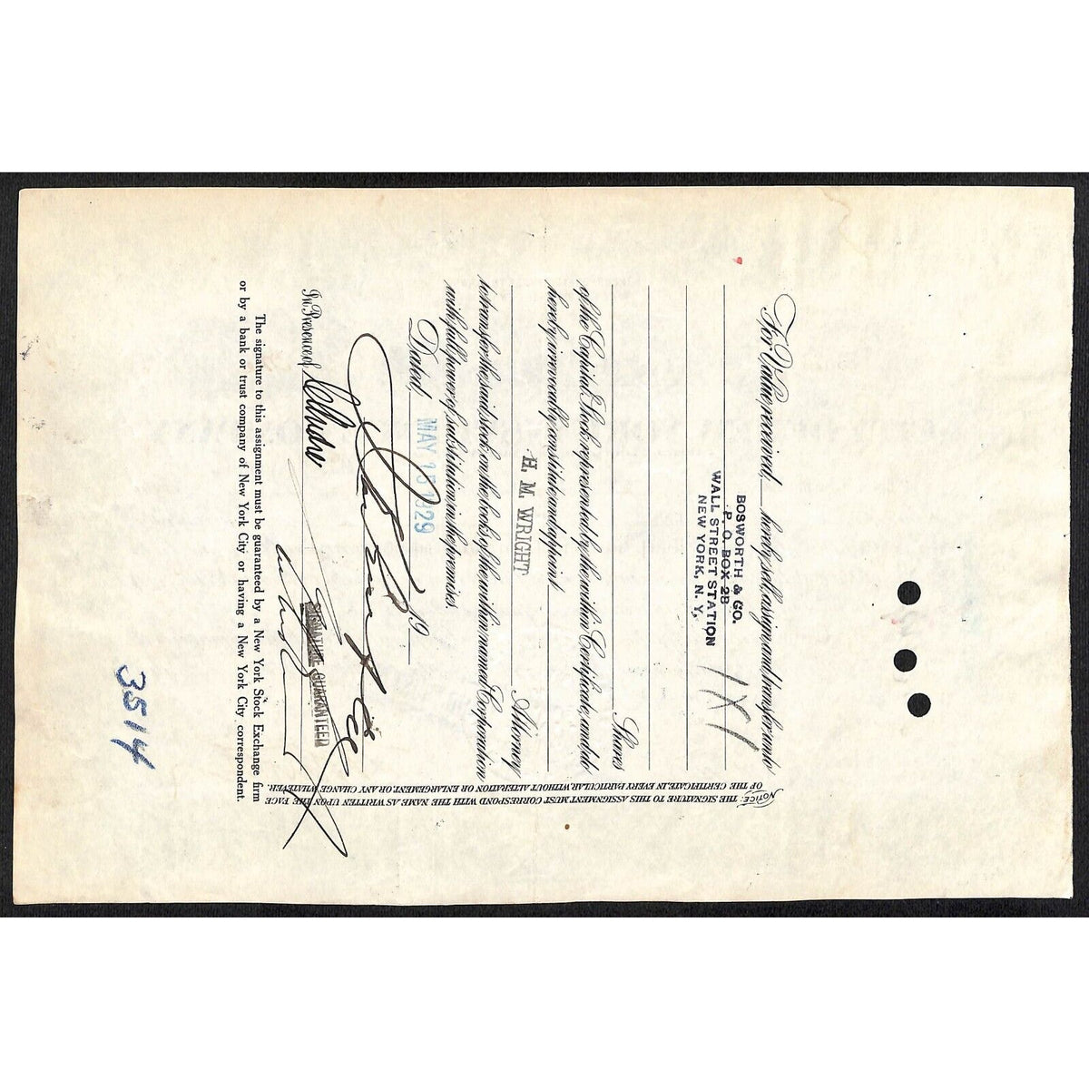 City of New York Insurance Co. NY 1929 Stock Certificate J.K. Rice Jr. & Co.