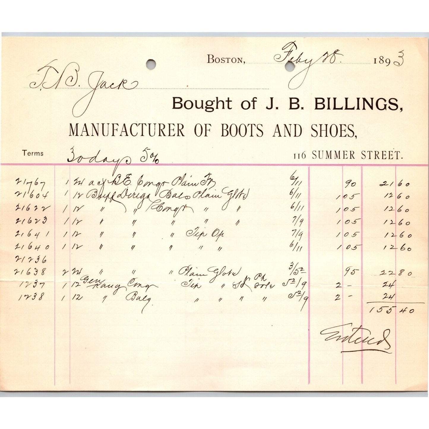 J.B. Billings Manufacturer of Boots and Shoes Boston 1893 Billhead Scarce