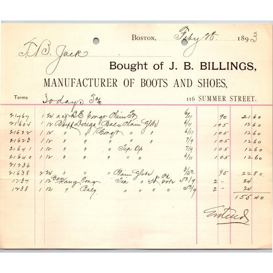 J.B. Billings Manufacturer of Boots and Shoes Boston 1893 Billhead Scarce