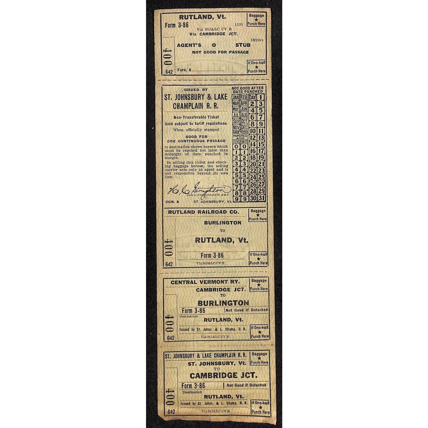 St. Johnsbury & Lake Champlain R.R. Burlington Rutland Cambridge Ticket - c1941