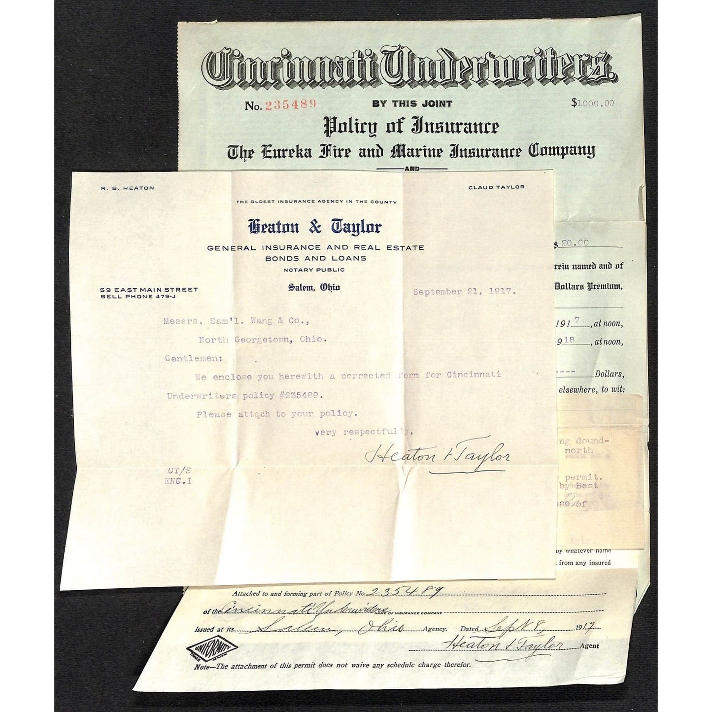 Heaton & Taylor / Eureka Fire Insurance Samuel Wang Co* N. Georgetown 1917