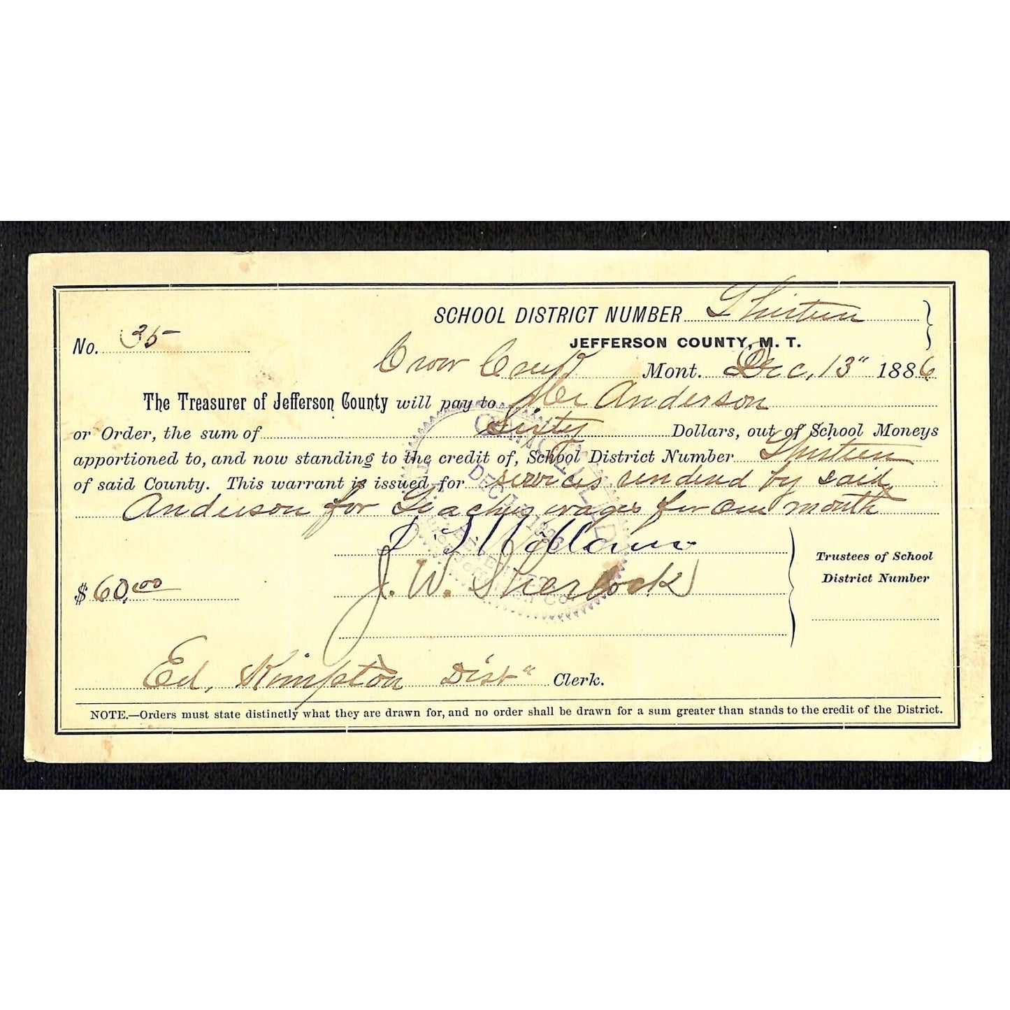 1886 Jefferson County Montana Territory School Warrant "..Teaching for 1 Month "