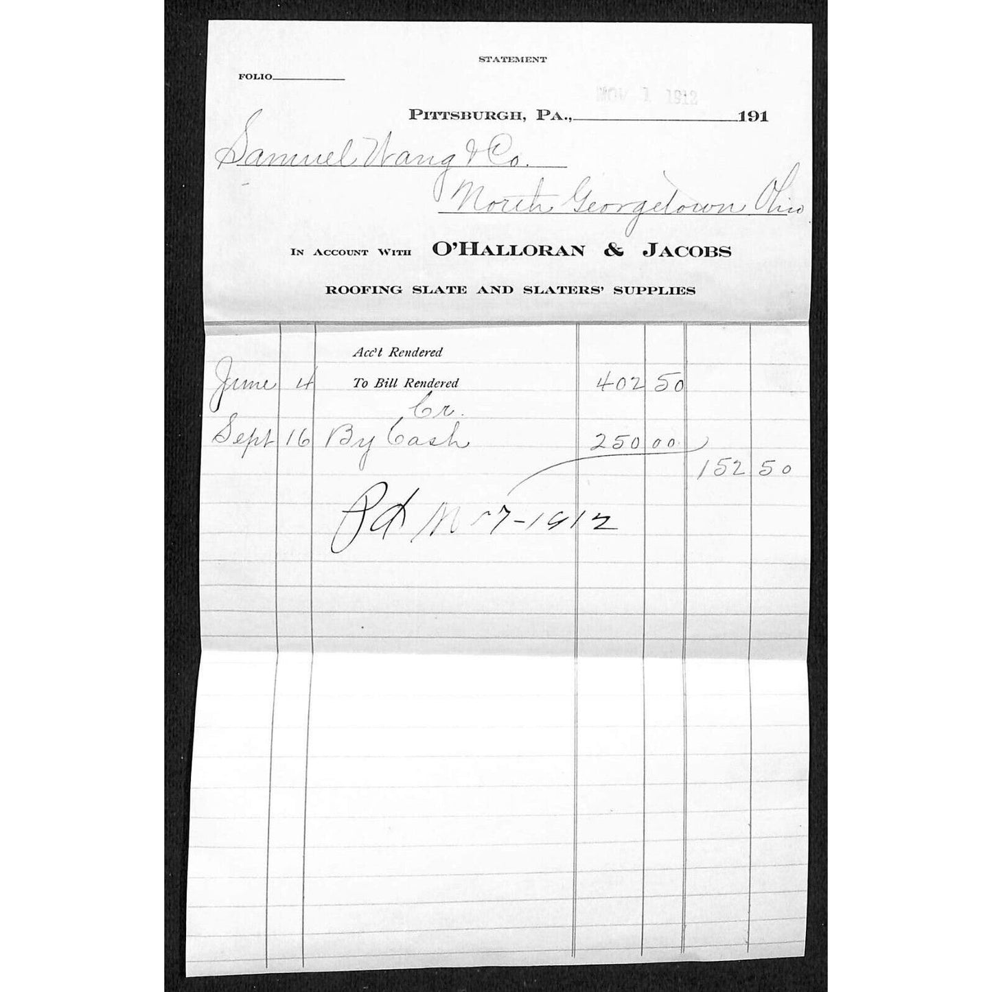 O'Halloran & Jacobs Pittsburgh 1912 Statement Samuel Wang * N. Georgetown , OH