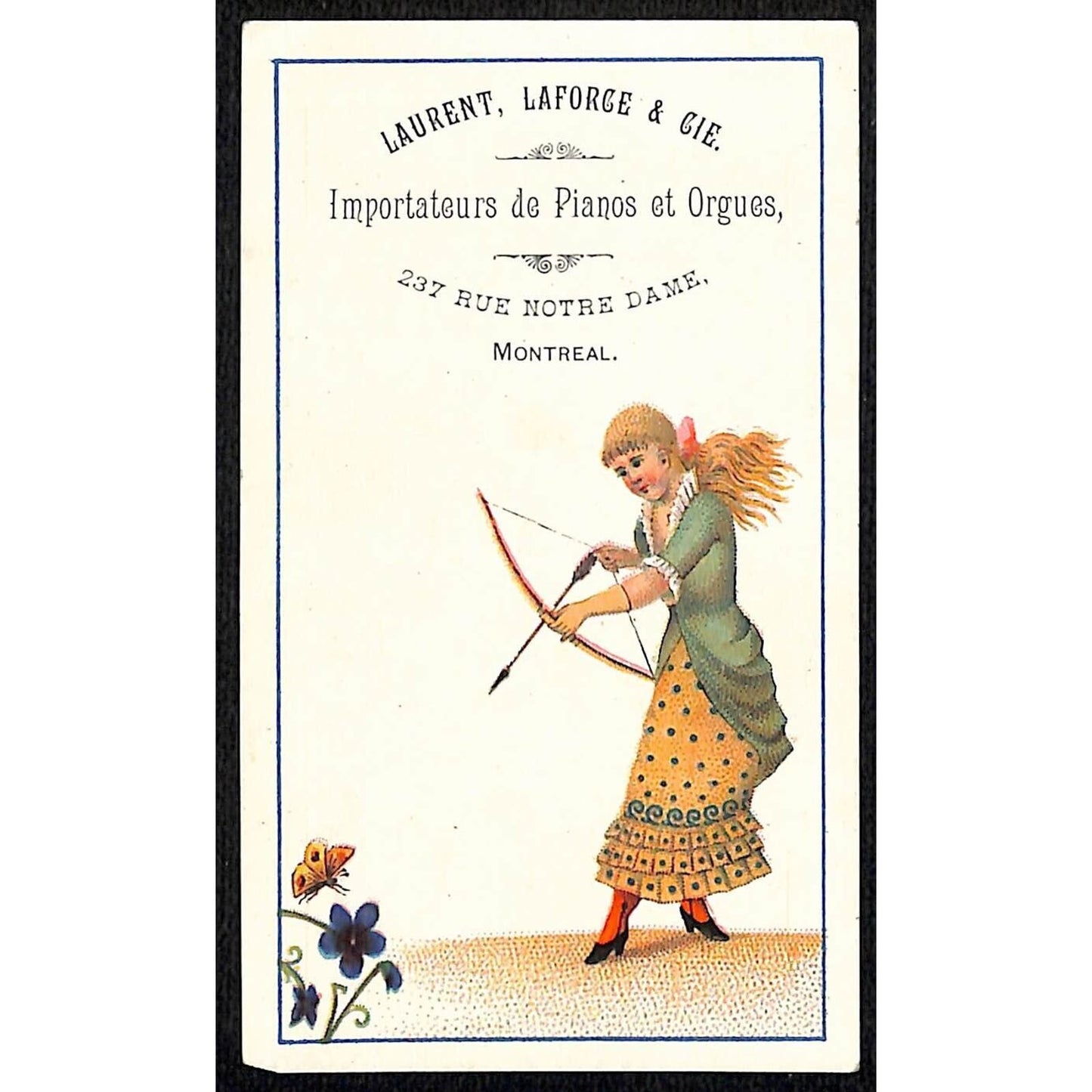 Laurent, Laforce & Cie Victorian Trade Card Girl Bow Arrow Aims at Butterfly