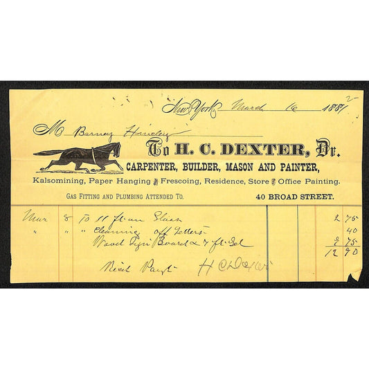 H.C. Dexter Carpenter New Yok 1881 Billhead Builder Mason Painter Scarce