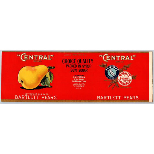 "Central" Brand Bartlett Pears Central California Paper Can Label c1930's-40's