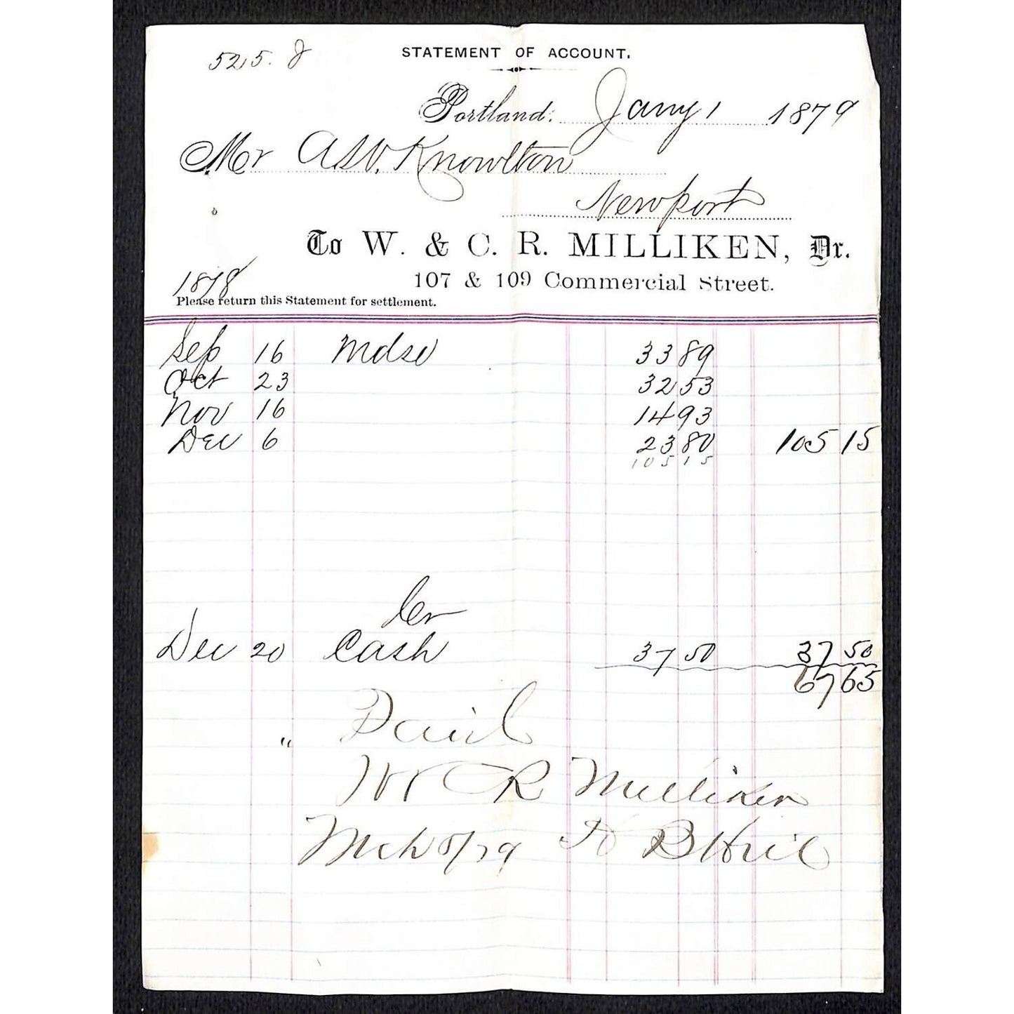 1879 A.W. Knowlton* Newburgh, ME W. & C. R. Milliken Portland Grocer Dry Goods