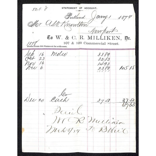 1879 A.W. Knowlton* Newburgh, ME W. & C. R. Milliken Portland Grocer Dry Goods
