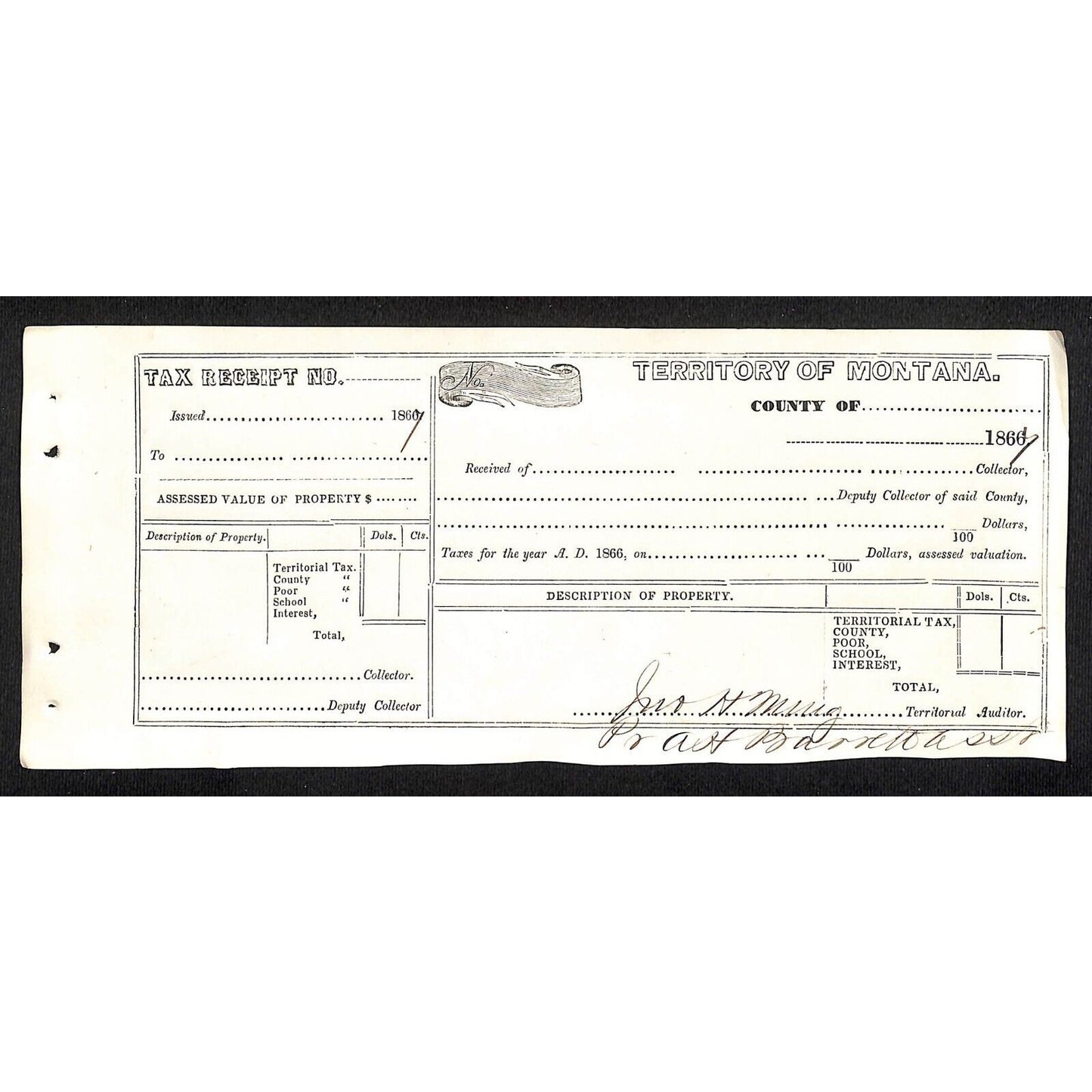 1867 Territory of Montana Territorial Poor School County Interest Tax Form - VGC