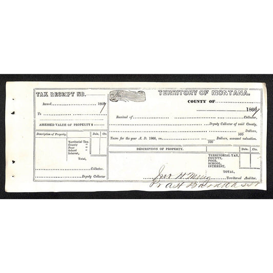 1867 Territory of Montana Territorial Poor School County Interest Tax Form - VGC