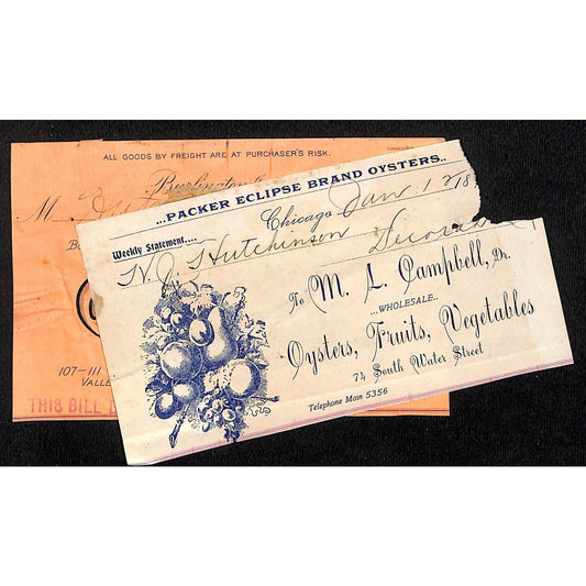 M.L. Campbells Oysters Chicago Hutchinson* 1896 Cut Billhead - Affixed