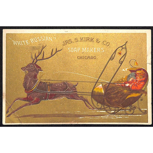 Jas. S. Kirk & Co Soap Makers Victorian Trade Card Reindeer Pulls Sleigh
