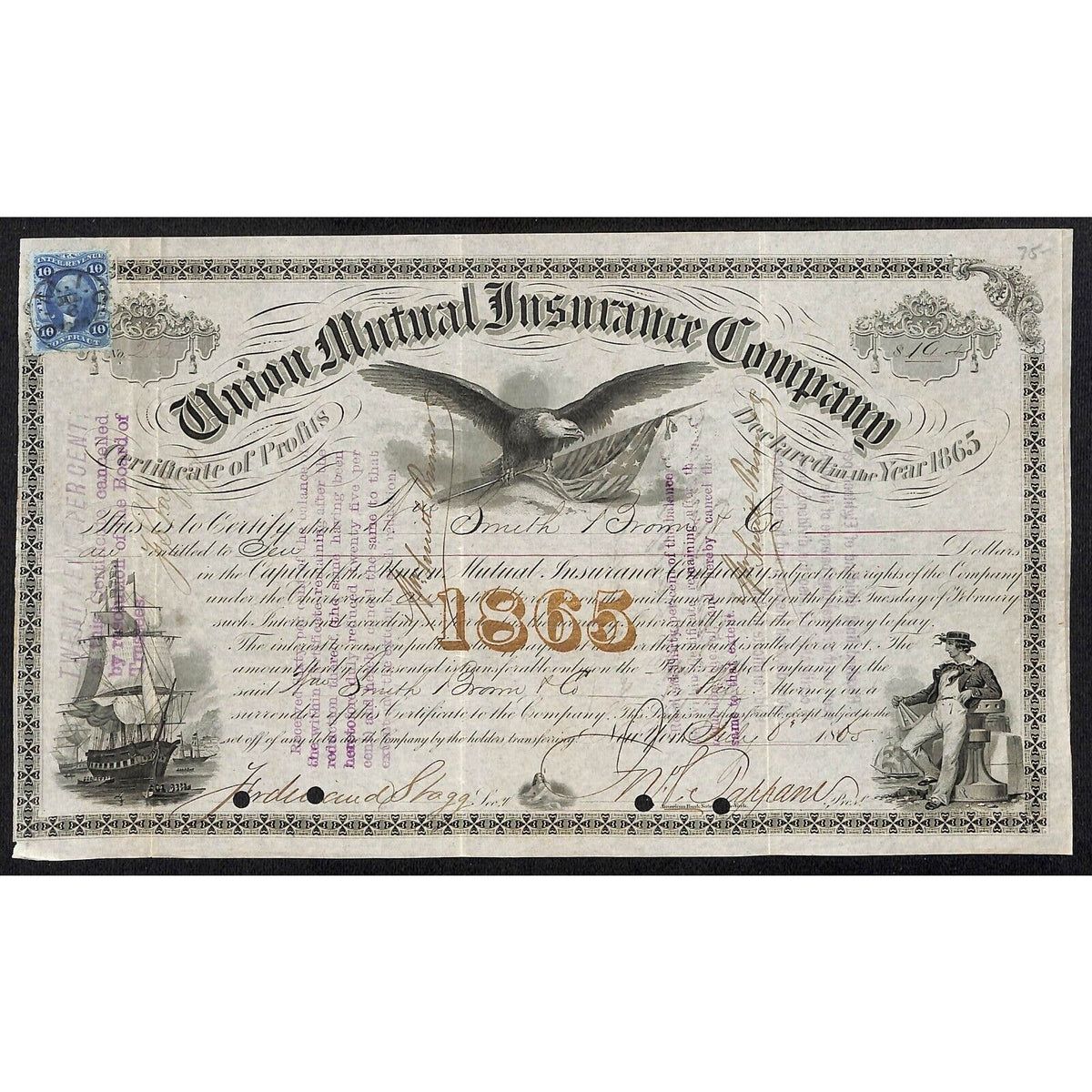 Union Mutual Insurance Co NY 1865 Smith Brown & Co (Hartford) Stock Certificate