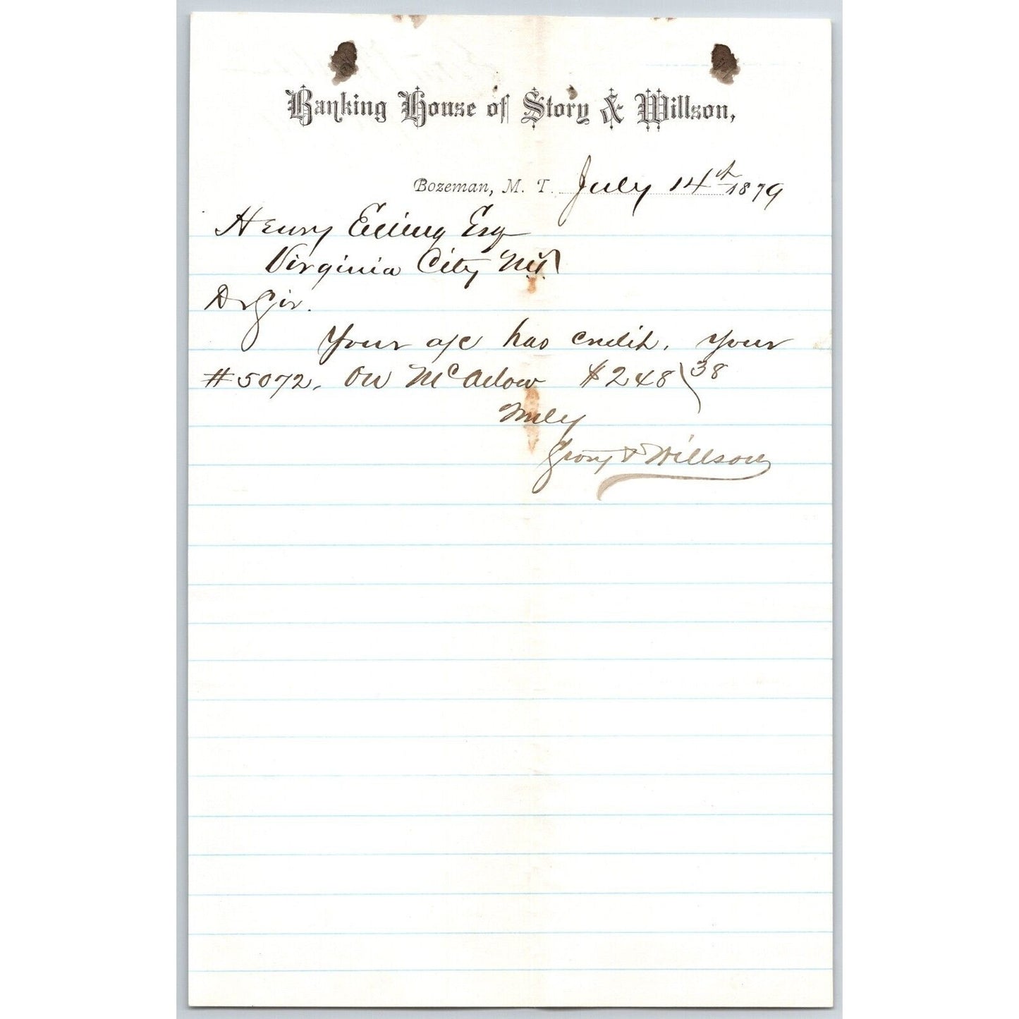 Banking House of Story & Nelson Bozeman, MT 7/14 1879 Letterhead Henry Elling*