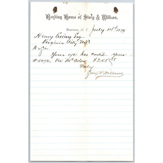 Banking House of Story & Nelson Bozeman, MT 7/14 1879 Letterhead Henry Elling*