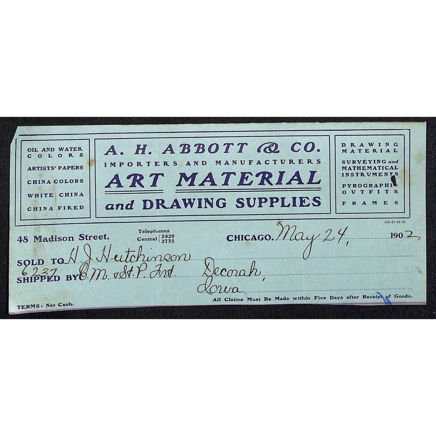 A.H. Abbott & Co Art Material Chicago Hutchinson Decorah IA* Cut 1902 Billhead