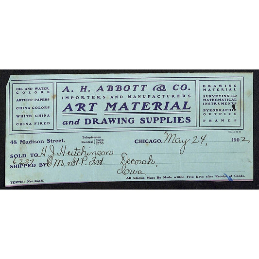 A.H. Abbott & Co Art Material Chicago Hutchinson Decorah IA* Cut 1902 Billhead