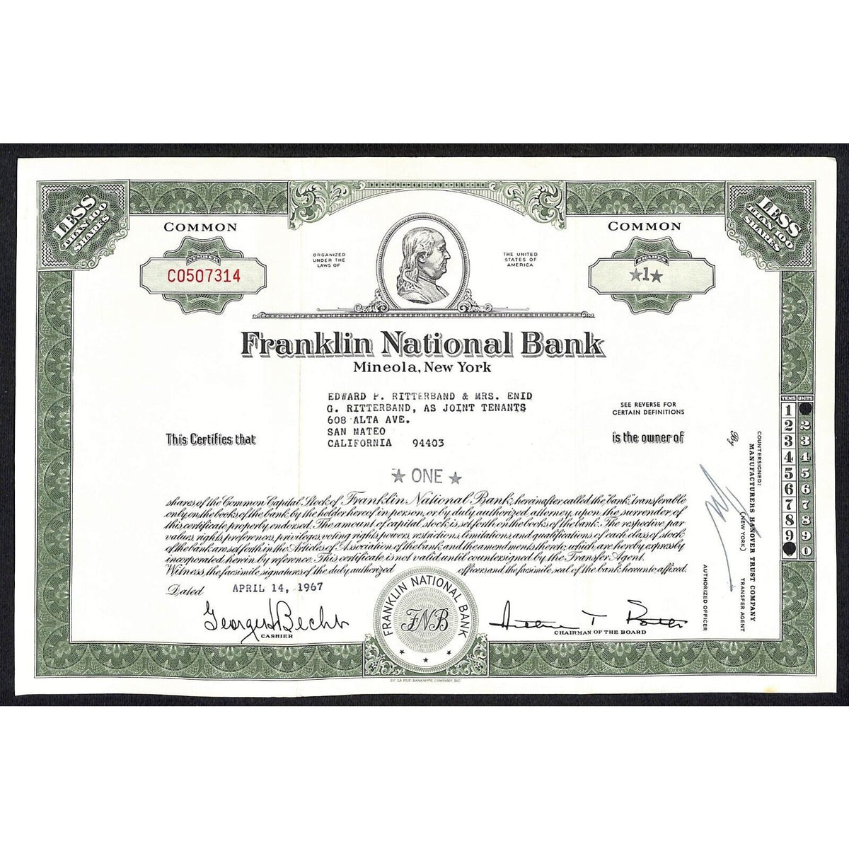 The Franklin National Bank * NY 1967 Stock Certificate to Edward P. Ritterband