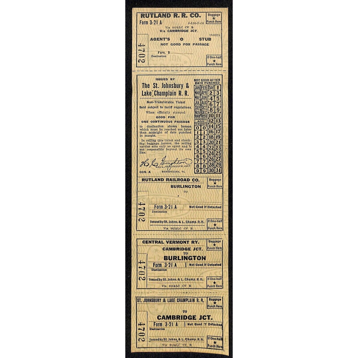 St. Johnsbury & Lake Champlain R.R. Burlington Rutland Ticket c1941 4700's VGC