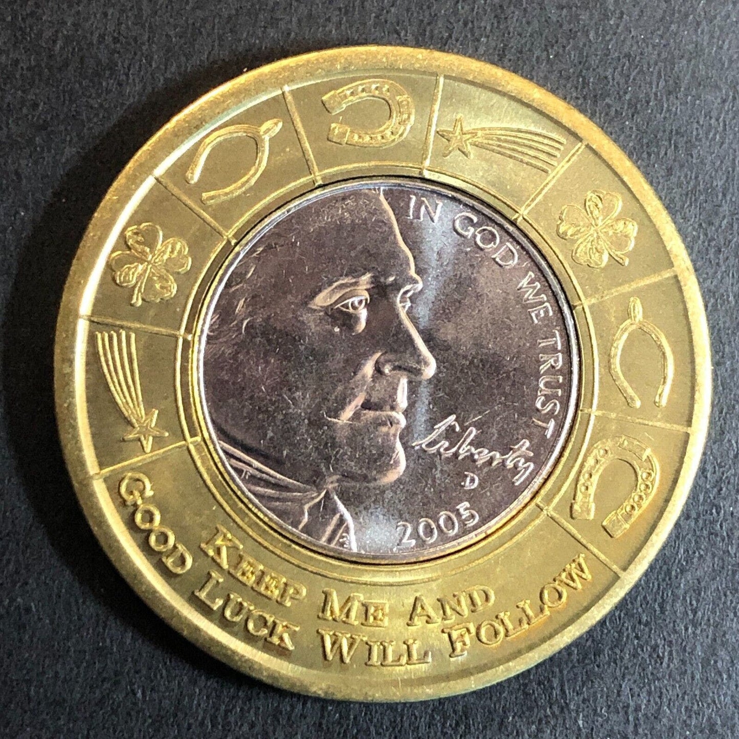 Jerry Adams Collector* Encased 2005 Buffalo Bimetallic Brass Good Luck Token
