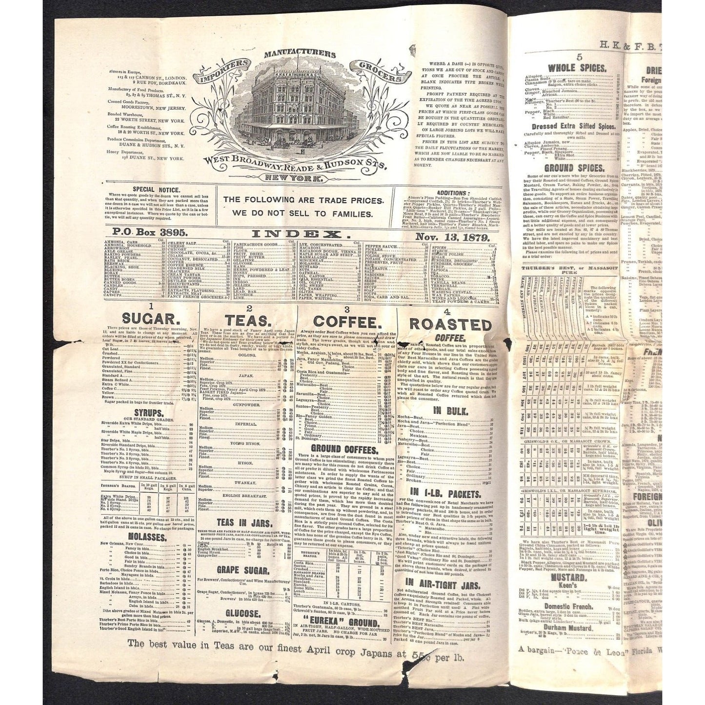 H.K. & F.B. Thurber & Co NYC 1879 Newspaper-Style Whsl. Food Price List Scarce