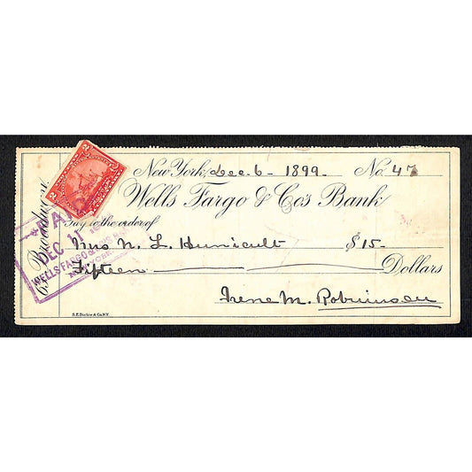 1899 Wells Fargo & Co. Bank 63 Broadway NYC Check #47 w/ Rev Stamp Hunnicutt
