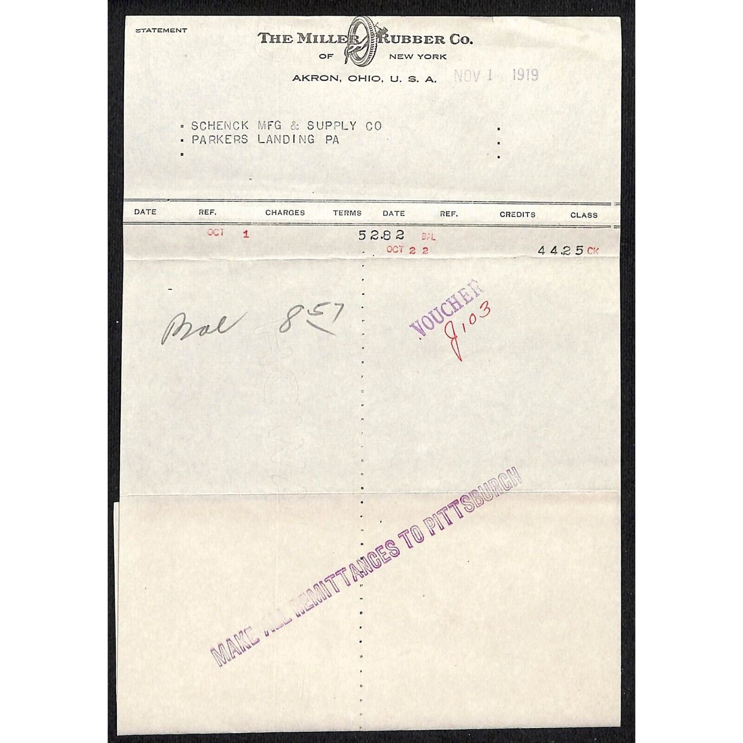 Miller Rubber Co. Akron, OH 1919 Statement / Billhead
